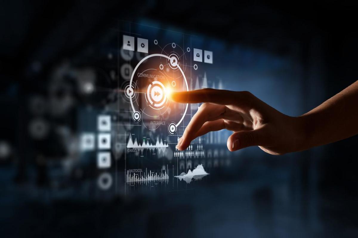 Man working on digital technology diagram