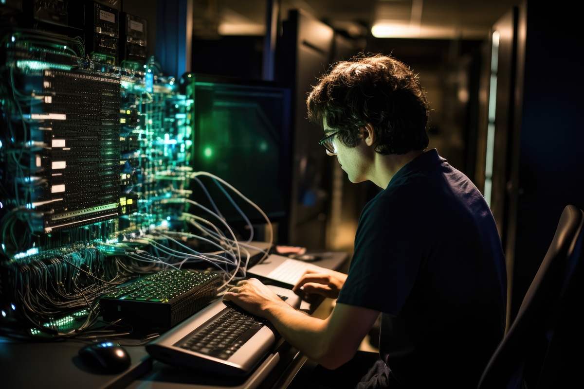 Man working in network server room