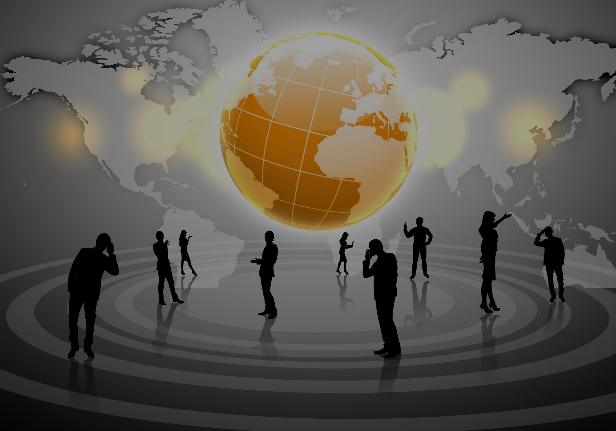 Silhouettes of business people on phones surround an orange globe with radial patterns. The background features a world map, conveying global connectivity.